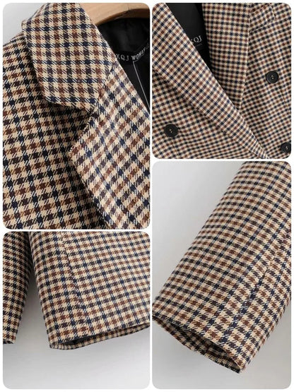 Autumn Plaid Blazer for Office Outfits New in Jacket Double Breasted Coat Oversized Blazer De Mujer