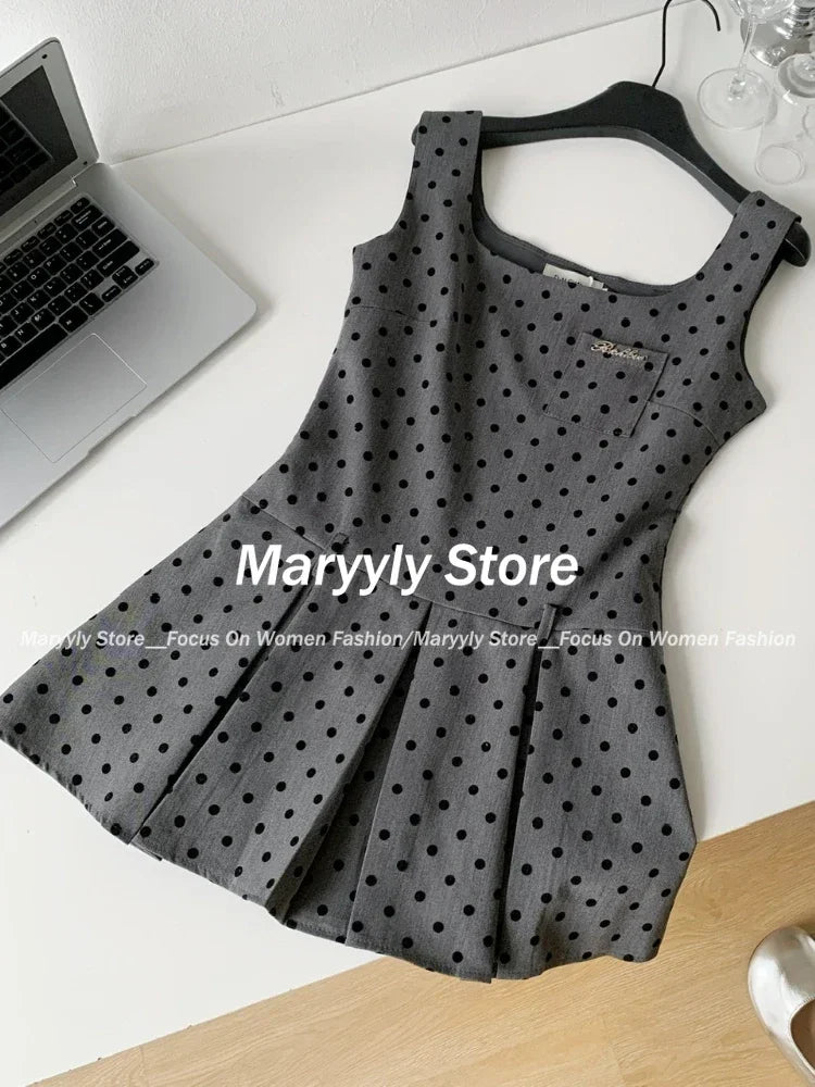 Korean Preppy Style Dress Set Bow Lace Shirt Tops + Polka Dot Mini Dress Commuter 2 Piece Set New