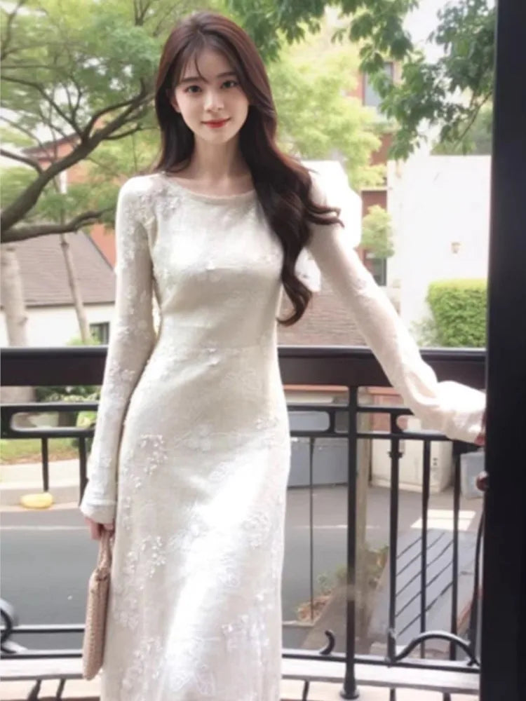 Autumn Spring New Twopiece Midi Dress Sets for Long Sleeve Slim Vestidos Evening Party Robe