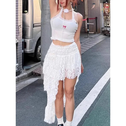 Color Hollow Lace Aline Skirt Summer New Korean Slim Pleated Asymmetric Cake Skirt