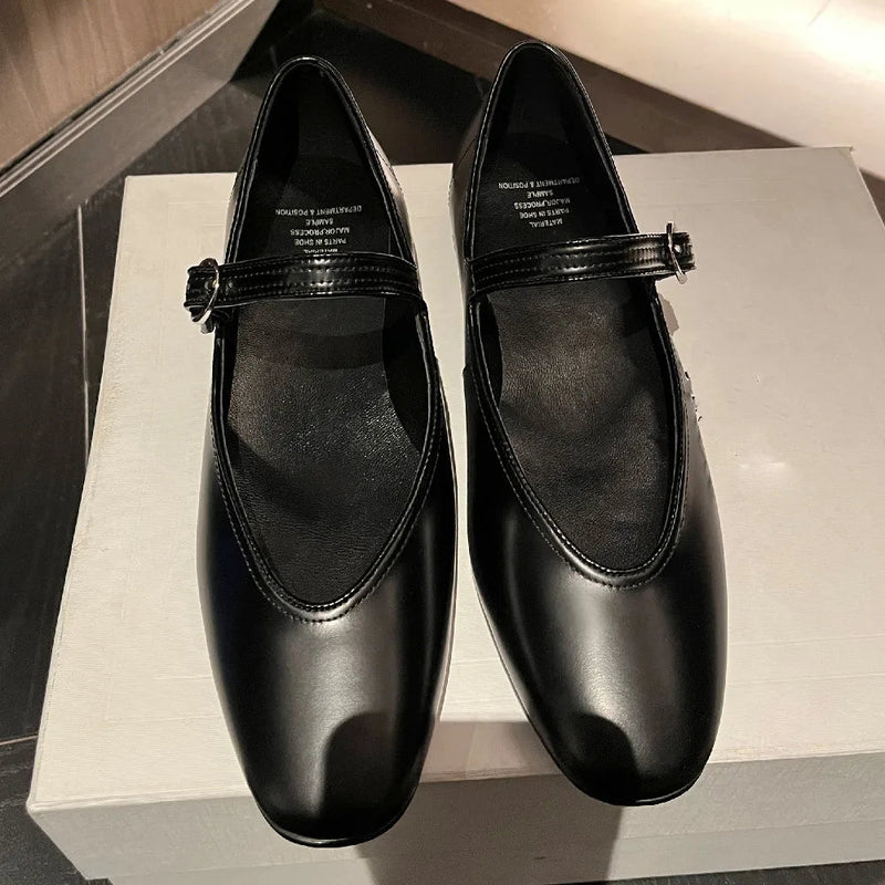 Genuine Leather Sqaure Toe Mary Jane Ballet Flats Leisure Soft Comfortable Female Ballerians Espadrilles Shoes