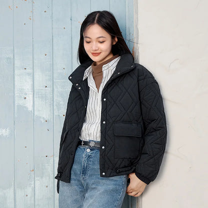 Cotton Clothing Stand Collar Loose New Winter Texture Rhombus Cotton Coat