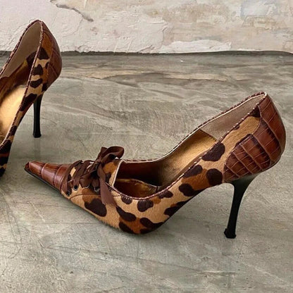 Leopard Print High Heels Pointed Toe Pumps Lace Up Designer Sandal Rhinestone Party Dress Shoes