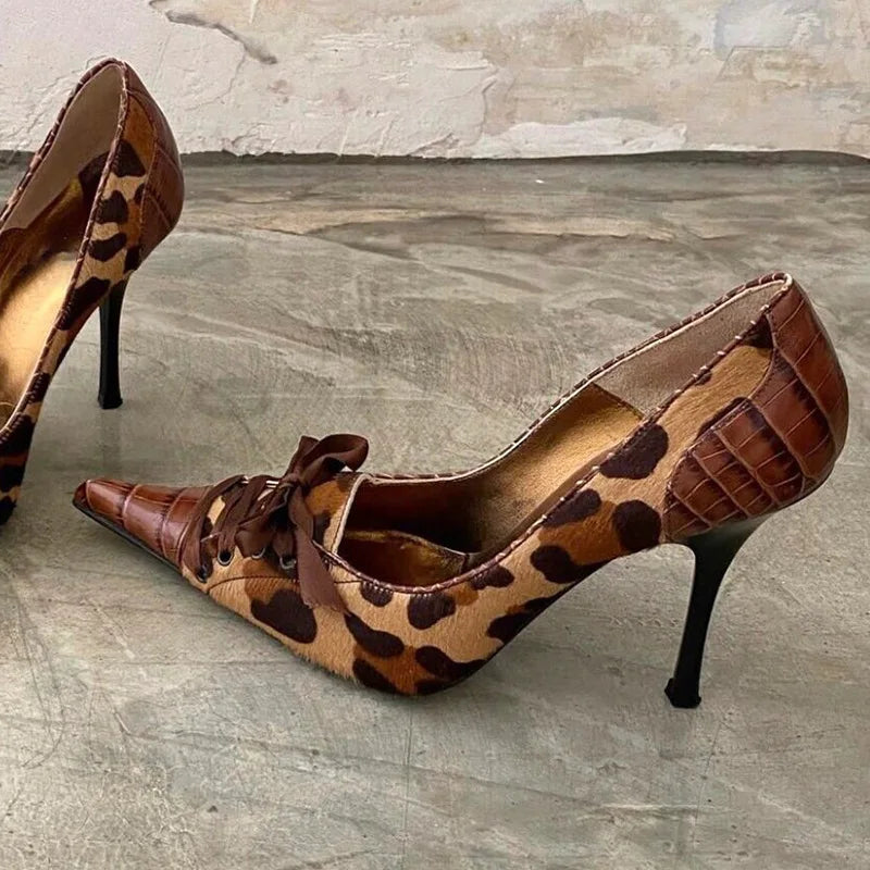 Leopard Print High Heels Pointed Toe Pumps Lace Up Designer Sandal Rhinestone Party Dress Shoes