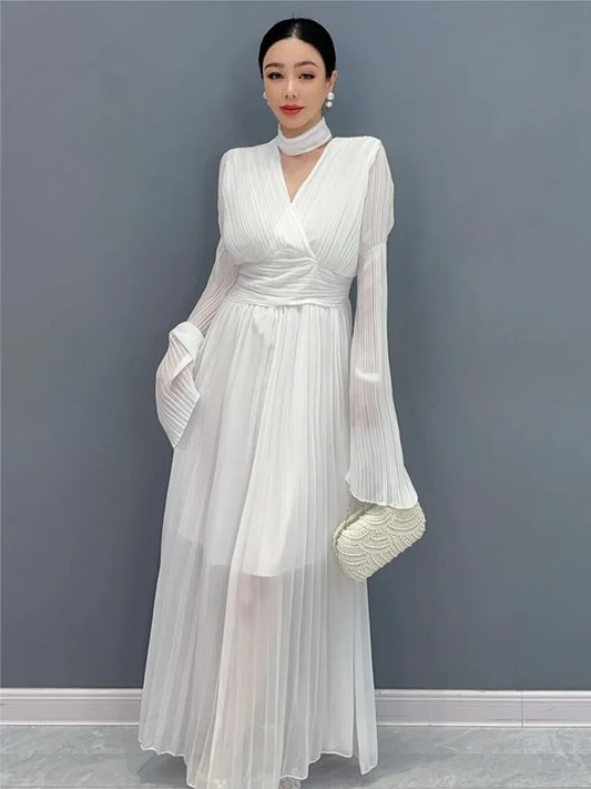 Autumn Flare Sleeve V-neck Midi Dresses for Pleated A-line Party Dress Korean One Piece Vestidos New