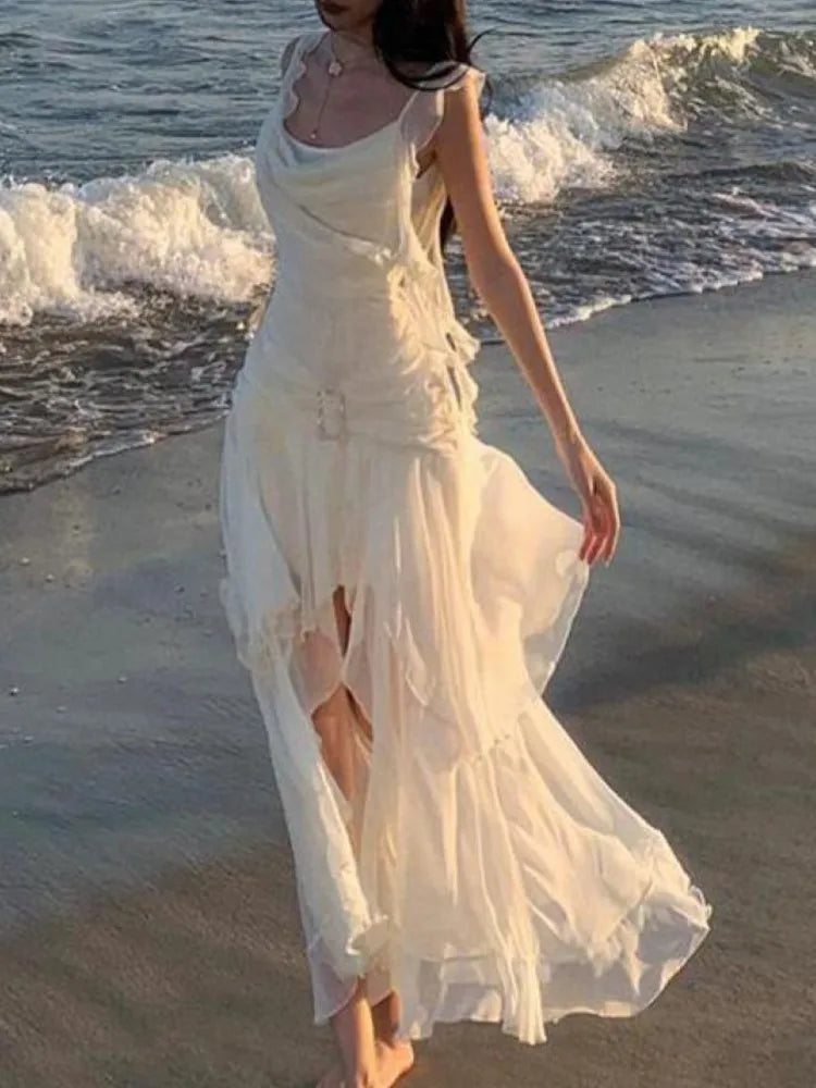 Backless Slip Dresses Summer New Asymmetrical Ruffles Holiday Beach Party Club Split Long Dress