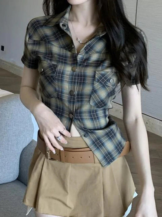 Plaid Short Sleeve Shirt American Retro Button Up Cardigan Blouse Female 90s Summer Cargo Slim Tops