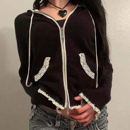 High Street Lace Patchwork Hooded Sweatshirt Y2k Long Sleeve Double Zipper Jackets Spring Autumn New Cardigan Coat
