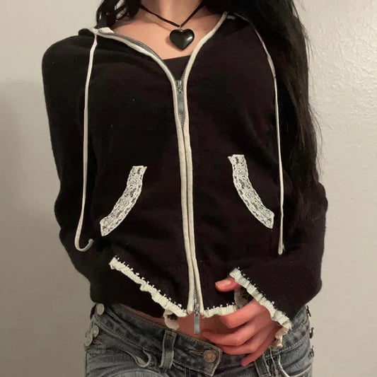 High Street Lace Patchwork Hooded Sweatshirt Y2k Long Sleeve Double Zipper Jackets Spring Autumn New Cardigan Coat