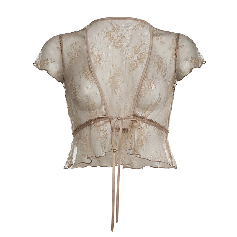 Transparent Lace Cardigan Top Brown Short Sleeve Crop Tee Shirt Y2k Lace-up V Neck Top