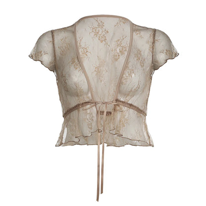 Transparent Lace Cardigan Top Brown Short Sleeve Crop Tee Shirt Y2k Lace-up V Neck Top