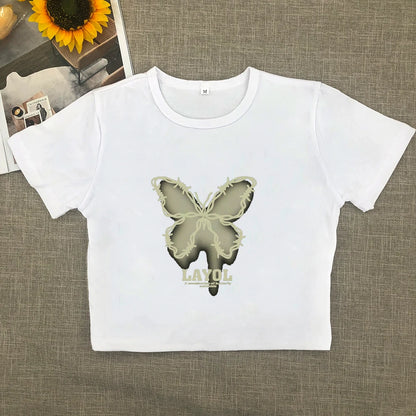 Pure Wind Short Short Sleeve Female Korean Spice Girl Round Neck Print Wearing Top With Shoulder Slimming T-shirt Trend
