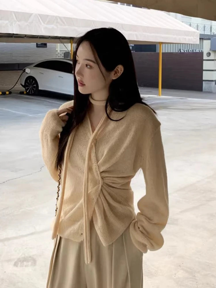 South Korea Cardigan Simple Temperament Vneck Neck Irregular Buckle Waist Slimming Tops Long Sleeve Sweater
