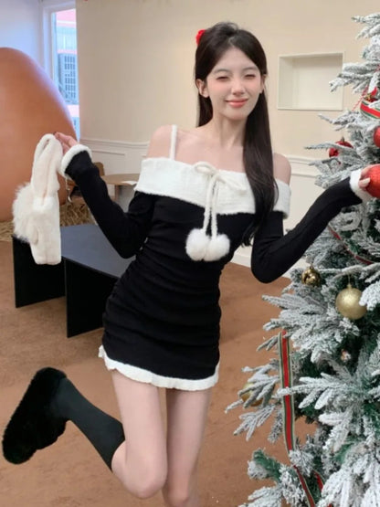 Kawaii Christmas Mini Dress Y2k Sweet Spaghetti Strap Slash Neck Birthday Party Dresses Bodycon Vestidos Female Outfits