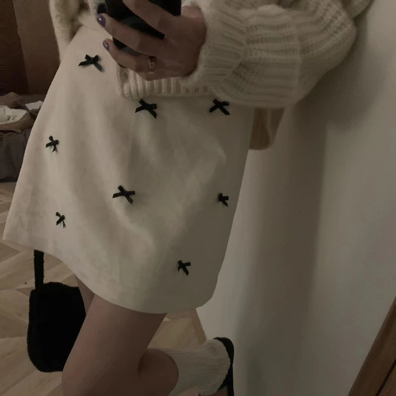 Contrast Color Bow Spliced Velvet Aline Skirt Spring New Korean High Waist All Match Mini Skirt