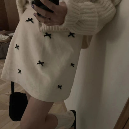 Contrast Color Bow Spliced Velvet Aline Skirt Spring New Korean High Waist All Match Mini Skirt