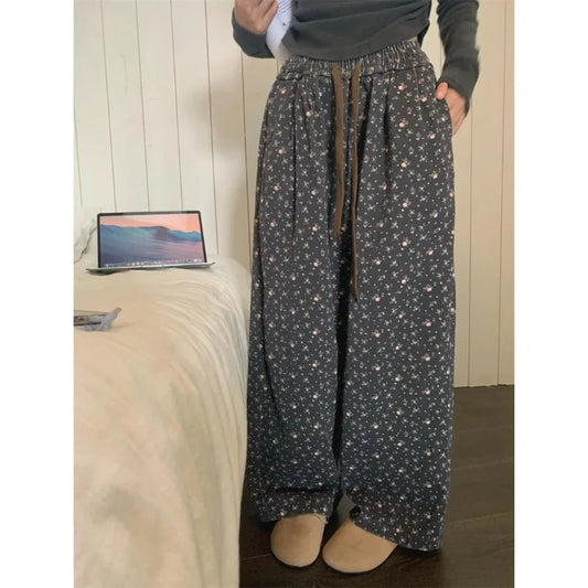 Sweatpants Woman Korean Baggy Thick Flower Print Wide Leg Pants Harajuku High Waist Autumn Warm Trousers
