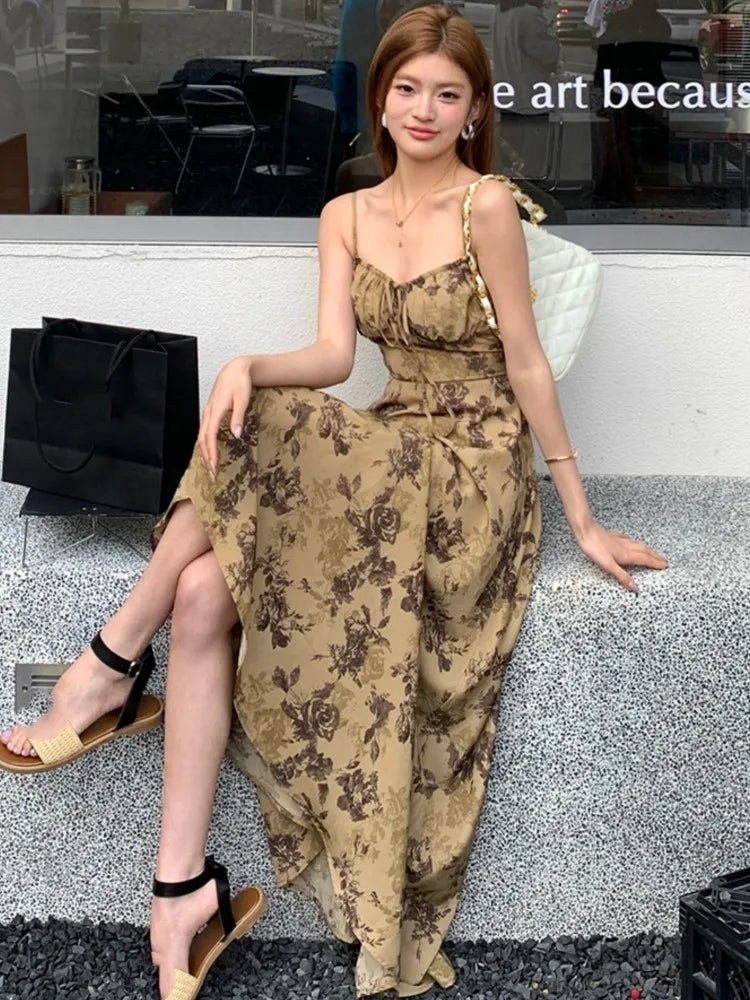 French Printed Midi Dresses for Spaghetti Strap Corset Slim A-line Summer New One Piece Vestido Mujer