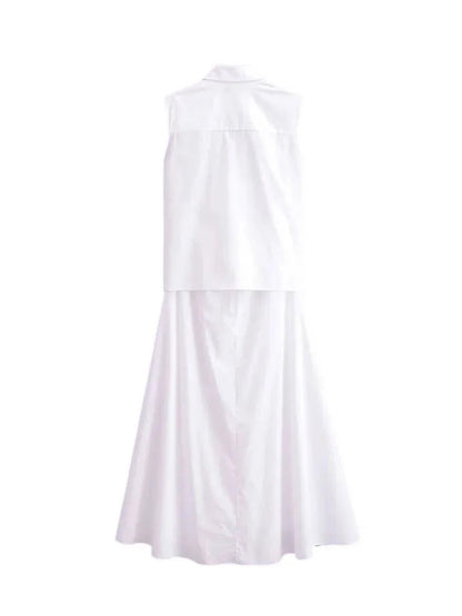 Woman Sleeveless Lace Up Dress Ruched Slim Lapel Shirt Midi Dresses Female Singlebreasted Long Dress