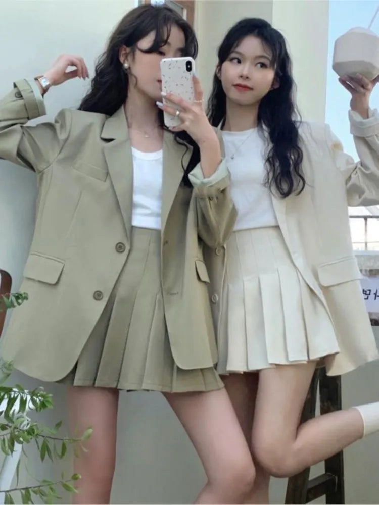 Korean Two-piece Skirt Set Single Breasted Blazer Coat + Pleated Mini Skirt Autumn Office Lady Suits