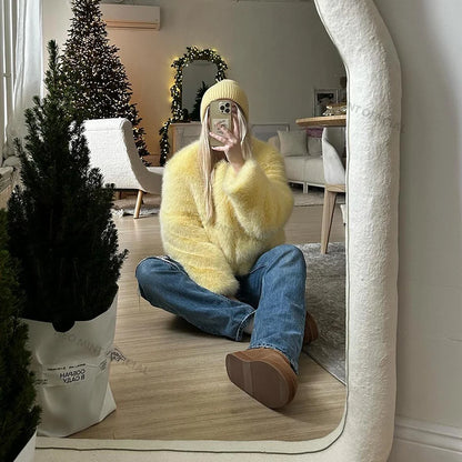 Cool Street Winter Fluffy Fox Fur Jacket Round Neck Faux Fur Coat Thick Warm Outerwear
