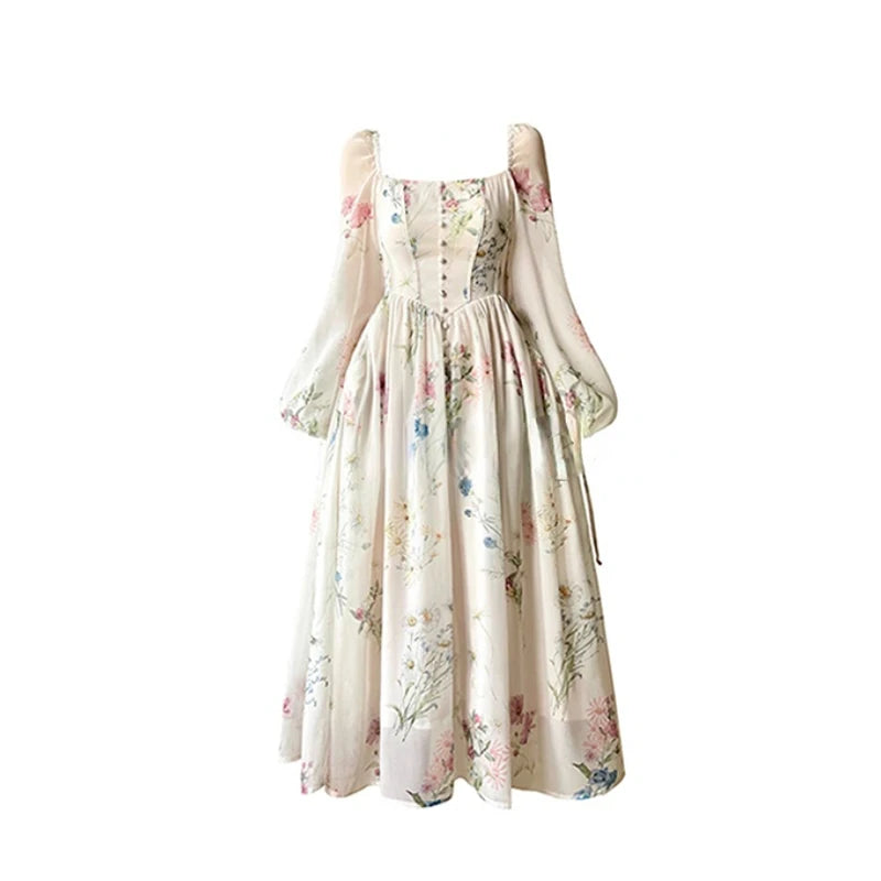 French Print Dress Square Collar Spring Summer Long Sleeve Dress for Sweet Leisure Midi Dress