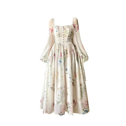French Print Dress Square Collar Spring Summer Long Sleeve Dress for Sweet Leisure Midi Dress