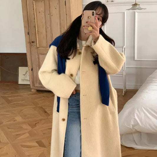 Sweet Hot Girl Retro Turndown Collar Woolen Coat Autumn/winter Longsleeved Loose Singlebreasted Coat Female Clothes