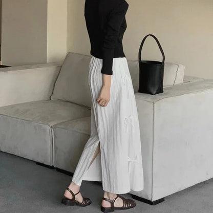 Lace Up Bow Color All Match Aline Skirt Summer New Korean High Waist Loose Midlength Skirt