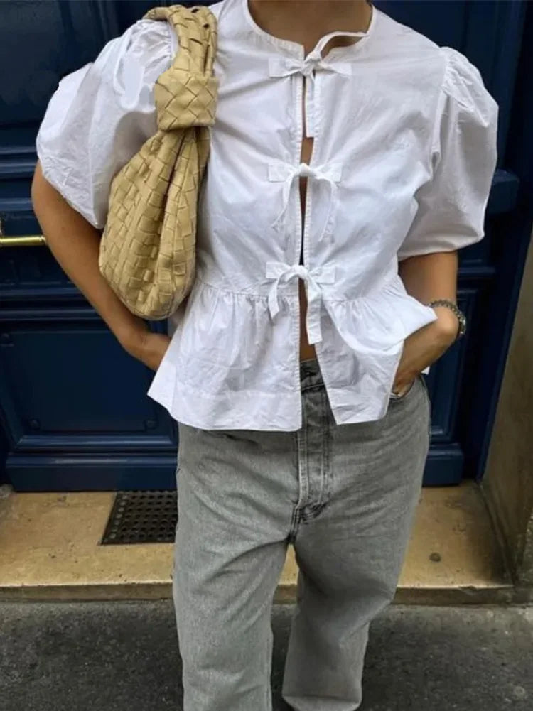 Summer Woman Bow Tied Lace Up Shirts Puff Short Sleeves Blouse Oneck Ruffle Color Tops