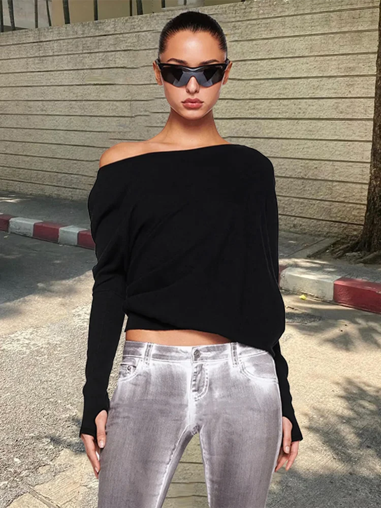 White Off-shoulder T-shirt Pollover for Loose Short Top Party Club T-shirt Hot Girl Autumn New Long Sleeve