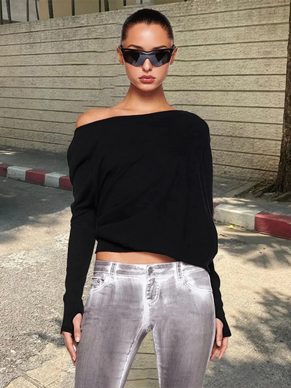 White Off-shoulder T-shirt Pollover for Loose Short Top Party Club T-shirt Hot Girl Autumn New Long Sleeve
