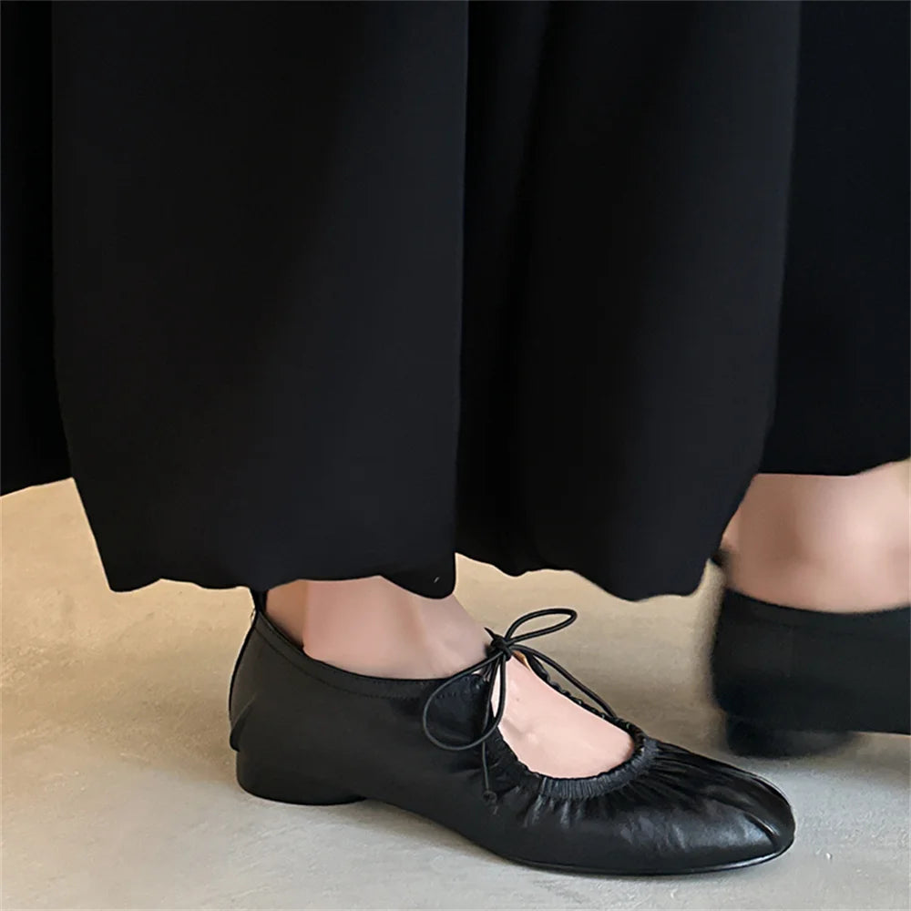 Retro Genuine Leather Pumps Low Round Heels Party Shoes Woman Round Toe Lace Up Pumps