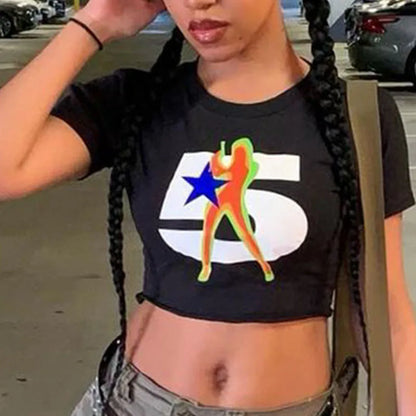 Y2k Summer Digital Printed ’s Top Street Trend Slim Fit Open Navel T-shirt for