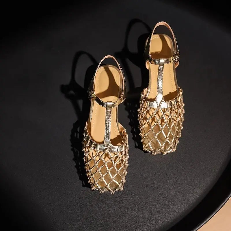 French Retro Hollowed Out Mesh Sandals Square Toe Sandals for Back Hollow Buckle Strap Flat Shoes Summer