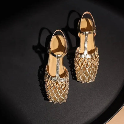 French Retro Hollowed Out Mesh Sandals Square Toe Sandals for Back Hollow Buckle Strap Flat Shoes Summer