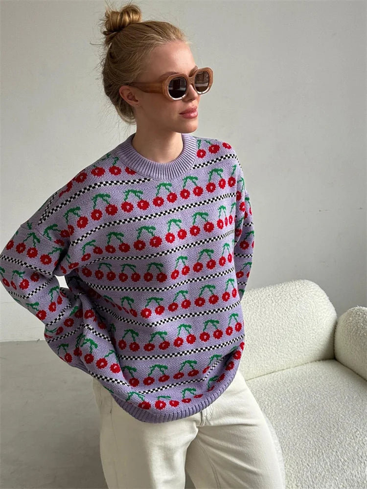 Printed Knit Sweater Pullover for Loose Patchwork Contrast Long Sleeve Top Knitwear ’s Pullover