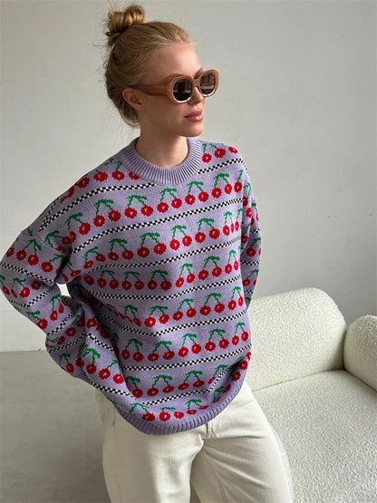 Printed Knit Sweater Pullover for Loose Patchwork Contrast Long Sleeve Top Knitwear ’s Pullover