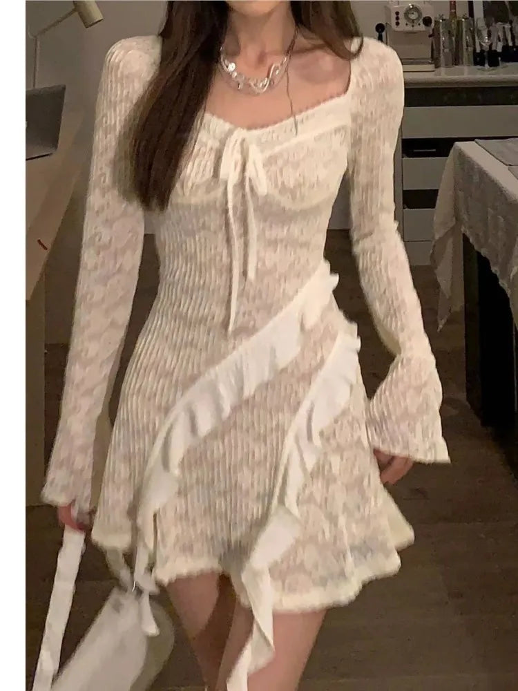 Autumn French Y2k Mini Dress Woman Flare Sleeve Ruffles Laceup Slim Aline One Piece Party Robe Korean