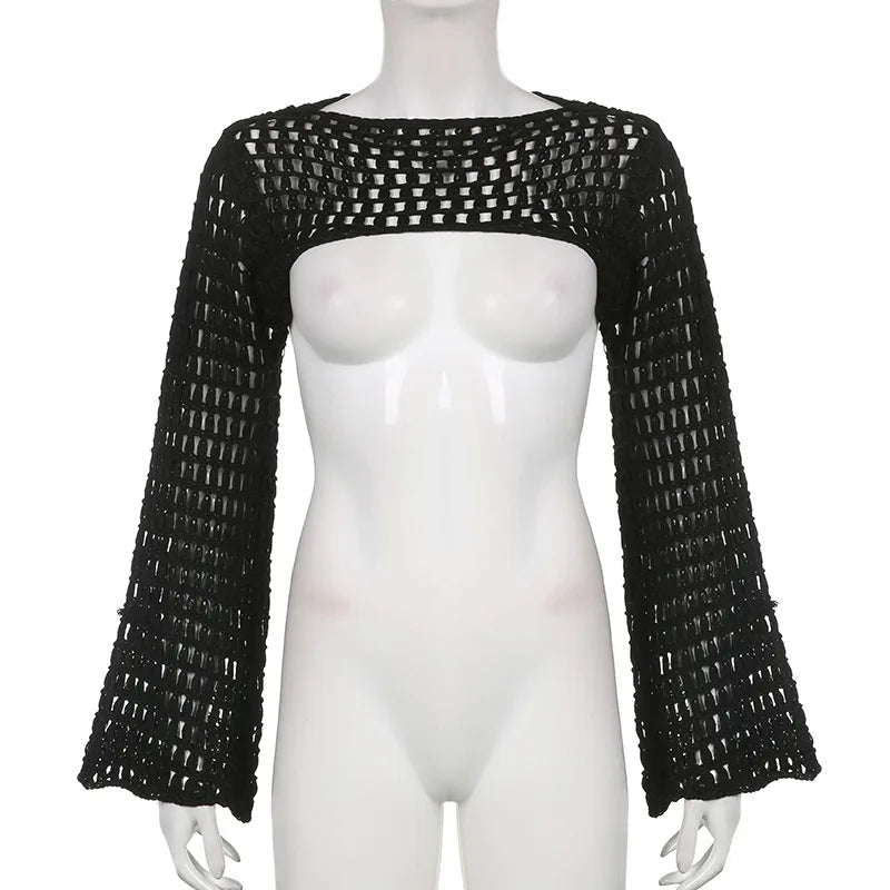 Short Knit Sweater Hollow Out Smock Crochet Crop Top Pullover Y2k Autumn Female Cloth