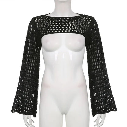 Short Knit Sweater Hollow Out Smock Crochet Crop Top Pullover Y2k Autumn Female Cloth