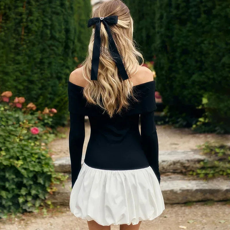 Folds Mini Dress Female One-shoulder Contrast Color Patchwork Long Sleeves Dress Slim Party Club Dresses