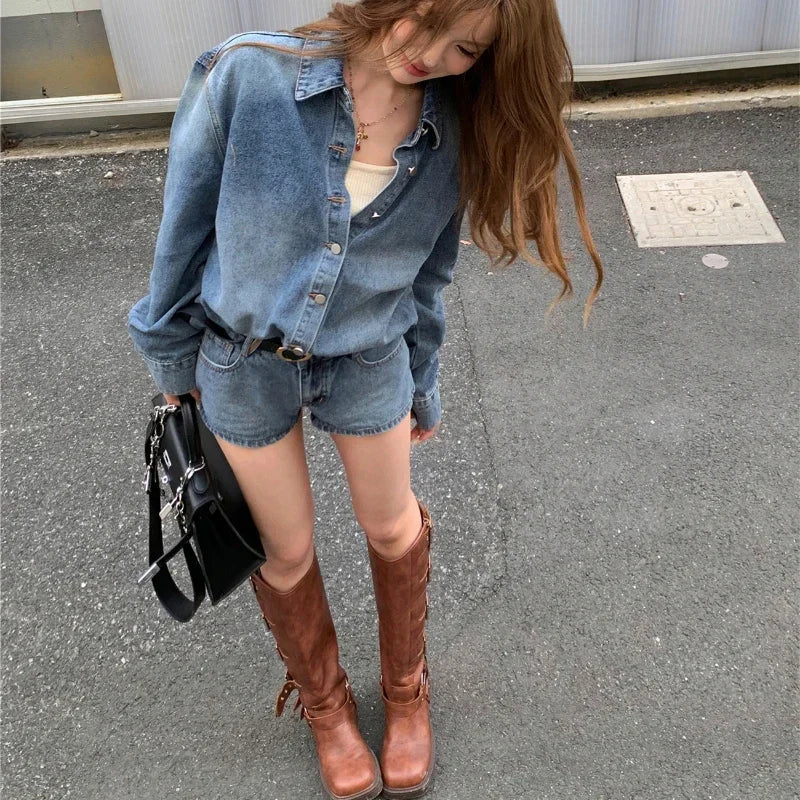 Autumn New Washed Distressed Denim Loose Longsleeved Shirt + Straight Pants Twopiece Suit