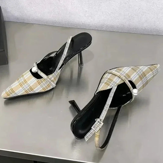 Pointed Toe Retro Plaid High Heels Slingbacks Shoes Pumps Office Dress Shoes Sandalias De Mujer