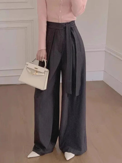 Korean Retro Strap Contrasting Striped Trousers Spring New French Style Highend Versatile Long Pants