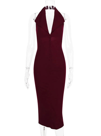 Halter V Neck Backless Split Dress ’s Bodycon Sleeveless Long Dress Autumn New Slinky Waist Vest Dress