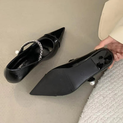 Pointed Toe Thin High Heel Shoes Summer Design Buckle Metal Decoration Banquet Mary Jane Shoes