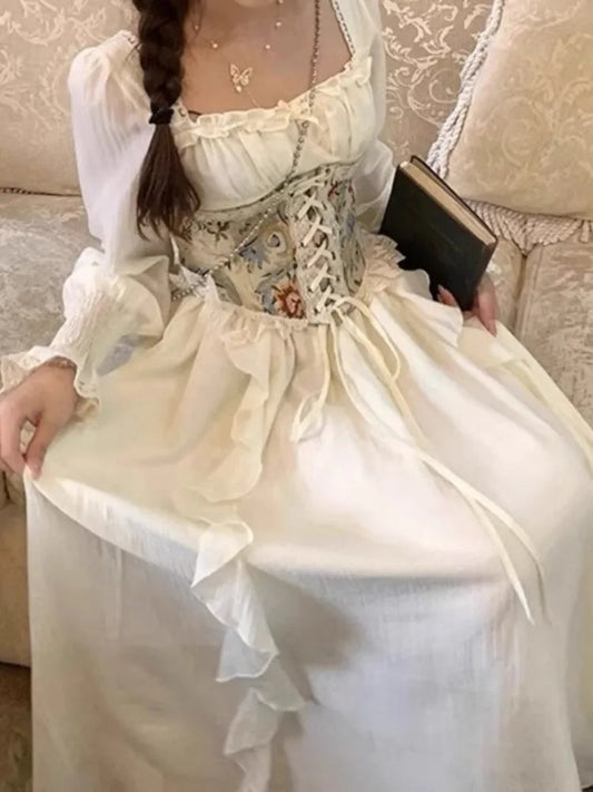 Midi Dresses for With Wide Corset Belt Ruffles French Party Dress Birthday Prom Robe Vestido