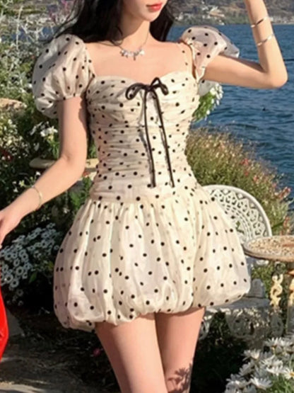 Polka Dot Birthday Party Dress Off Shoulder Puff Sleeve A-line Ball Gown Mini Dresses for Korean One Piece Vestido