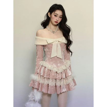 Off Shoulder Long Sleeve Butterfly Knot Velvet Pink Dress for Winter New Retro Waist Slimming Lace Cake Mini Dress